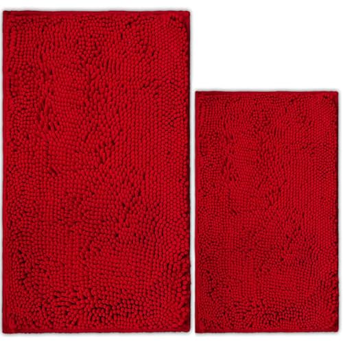 Bathroom Rugs Chenille Bath mat 2 Piece Set, Super Absorbent, Strong PVC Non Slip Backing, Bath mats for Bathroom, Plush Shaggy, Thick, Machine Washable, Bathtub, Toilet.(Red) - color: Red, size: 16''×24''+20''×32''