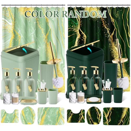 21PCS Bathroom Sets with Shower Curtain and Rugs Bathroom Accessories Set Dark Green Bathroom Set Complete with Trash Can, Toilet Brush, Qtip Holder & 3PCS Soap Dispenser - size: Bath Set+Marble Shower Curtain+Rugs, style: Dark Green