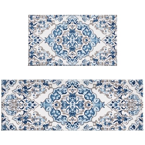 Boho Blue Kitchen Floor Mat Set 2 Piece 17"x47"+17"x30", Vintage Floral Kitchen Runner Farmhouse Blue and White Non Slip Washable Laundry Rug for Doorway Bathroom Decoration - color: Boho Blue