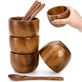 Lyellfe Set of 4 Acacia Wooden Bowl, 5 Oz Small Dipping Sauce Bowl with Spoon, 3 Inch Charcuterie Dish, Soup Water Cup for Condiments, Jam, Nuts, Appetizer, Snack, Yogurt