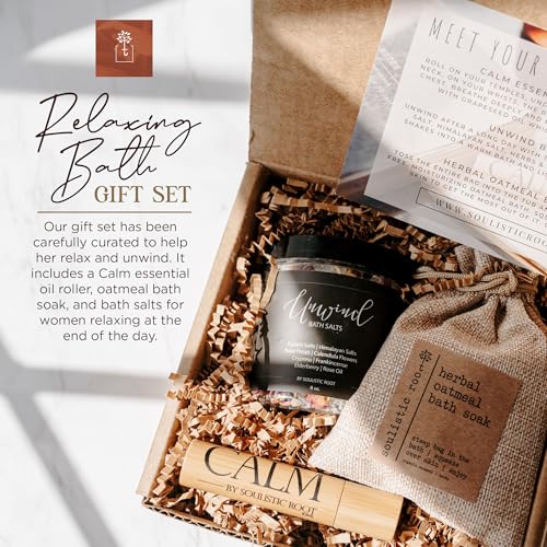 Relaxing Bath Gift Set for Women – Ready-to-Gift Spa Gift Set with Calm Essential Oil Roller, Epsom Bath Salts & Organic Lavender Oatmeal Bath Soak by Soulistic Root