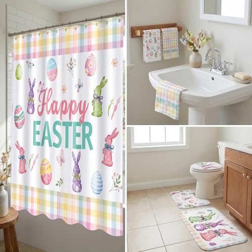 Haull 7 Pcs Easter Shower Curtain Set for Bathroom Bunny Eggs Non Slip Rug Toilet Lid Cover Bath Mat Towels Decor with 12 Hooks Happy Easter Waterproof Shower Curtain for Bathroom Spring Decor Set - style: Easter