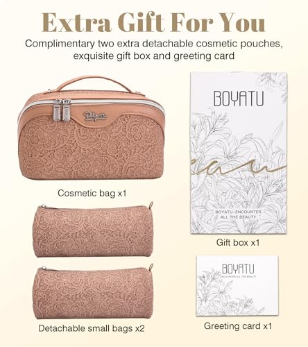 BOYATU Travel Makeup Bags Cosmetic Organizer Bag: 3-Set Large Capacity Make up Bag - PU Leather Toiletry Bags for Women - Wide Open Portable Pouch with Divider & Handle (A-Tan) - color: A-Tan