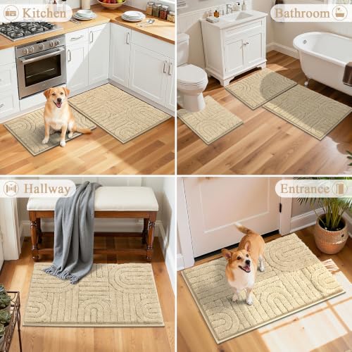 Vaukki Bathroom Rugs Sets 3 Piece, Beige Washable Non Slip Soft Bath Mats for Shower and Tub, Plush Absorbent Microfiber Toilet Rug U Shaped, 32x20+26x18+24x20 Inch - color: Beige, size: 18''x26''+20''x32''+20''x24''