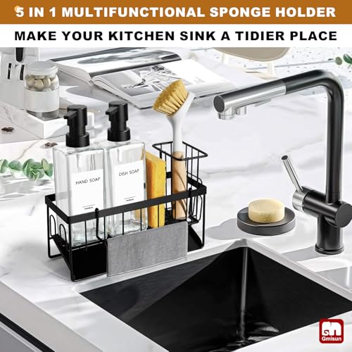 GMISUN Kitchen Soap Dispenser Set, 12 fl oz / 350 ml Dish Soap Dispensers with Sponge Holder, Customized Clear Glass Dish soap Dispenser for Kitchen, Modern Soap Dispensers Set Removable - color: Clear Bottle + Black Rack