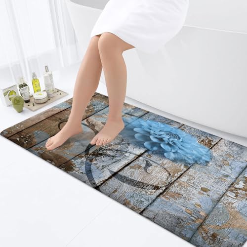 Farmhouse Floral Flower Bath Mat, Dahlia Rustic Wooden Plank Country Barn Wood Blue Flower Non-Slip Flannel Soft Doormat Floor Entryways Outdoor Indoor Front Door Mat, (16X48) - color: Blue, size: 1'4" x 4' (Rectangular)