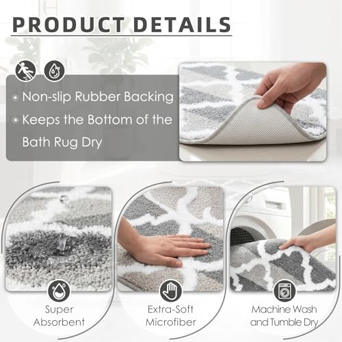 Arttown Dark and Light Grey Trellis Bathroom Rug Set 2 Piece Fluffy Microfiber Non-Slip Water Absorbent Bath Mat Soft Washable for Tub Showers Laundry Room Decor (16"x24"+20"x32") - color: Gradient Gray 1