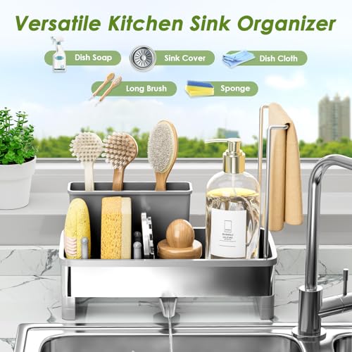 Ewaiira Stainless Steel Sink Caddy, Sponge Holder for Kitchen Sink with Brush Holder Dishcloth Rack, Rustproof Sink Organizer Countertop, Soap Dispenser Kitchen Organizers Storage Essentials, Gray9.8″ - color: C-gray