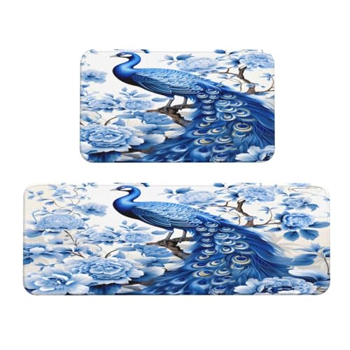Retro Blue Peacock Flowers Kitchen Rugs Mats Set of 2 Pcs Non-Slip Floor Mats Washable Runner Rugs Set for Bathroom Laundry Hallway Kichen Comfort Standing Mat - color: Retro Blue Peacock Flowers