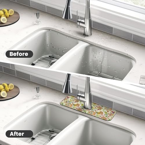 Boho Floral Mandala Yellow 15" X 5.5" Kitchen Sink Splash Guard Faucet Faucet Guard Draining Mat Sink Splash Guard Faucet Kitchen Bathroom - color: Boho Floral Mandala Yellow