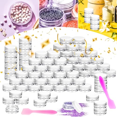 100 Pcs 3g Empty Plastic Containers with White Lids,Tiny Makeup Sample Containers, Small Pot Jars Clear Round Cosmetic Jars with 20 Pcs Mini Spatulas for Liquid Sample Powder Creams - color: White, size: 3g