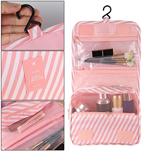 Pengxiaomei Hanging Toiletry Bag, Pink Striped Waterproof Cosmetic Bag Portable Makeup Pouch Pink Stripe Travel Bag with Handle for Kids Teen Girls Tea Party - color: Pink