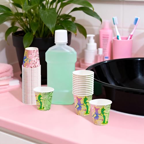 WRAPAHOLIC 3oz Witch Birthday Paper Cups - 100 Pack Disposable Bathroom Cups with Magic Witch Design, Small Mouthwash Cup for Toothbrush Rinse, Home Bathroom and Girls Birthday - color: Green & Pink Witch