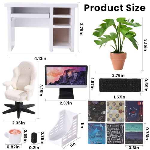 DIYDEC 1:12 Scale Miniatures Office Desk Set 14pcs Dollhouse Office Including Mini Computers Desks Office Chair Keyboard Mouse Folder Books Potted Plants for Tiny Stuff Dollhouse Figurines - color: Dollhouse Office Desk