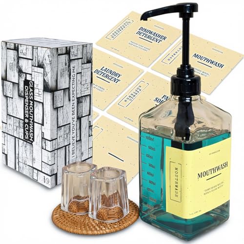 eBun Black Mouthwash Dispenser Set, 37oz Glass Bottle with Pump & Cups | Large capacity pump dispenser for bathroom. Includes glass mouth wash bottle & matching cups for stylish daily oral care - color: Black