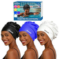 3 Pack Extra Large Swim Cap for Braids & Dreadlocks - Waterproof Silicone Swim Hat for Women with Long Thick Hair, Protective Swim Cap Cover Ears for Swimming, Shower, Bathing - color: Black+Blue+White