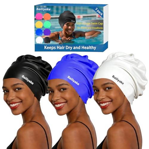 3 Pack Extra Large Swim Cap for Braids & Dreadlocks - Waterproof Silicone Swim Hat for Women with Long Thick Hair, Protective Swim Cap Cover Ears for Swimming, Shower, Bathing - color: Black+Blue+White