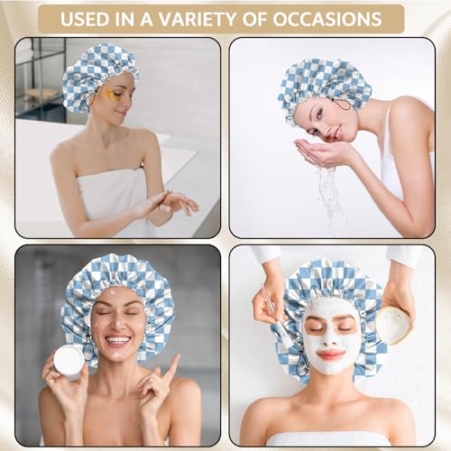 Shower Cap Adjustable Waterproof Double Layer Elastic Reusable Hair Bath Cap Cute Aesthetic for Women Girls-Checkered - color: R1-Checkered