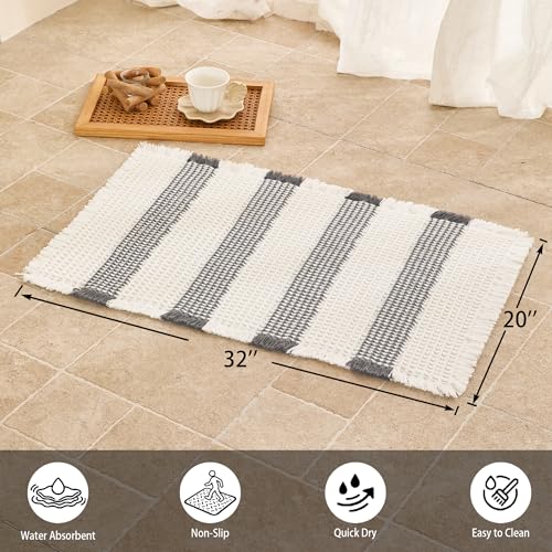 Waffle Bath Mat Non Slip, Boho Bathroom Rug, Super Absorbent Quick Dry Bathroom Mat, Soft Farmhouse Bath Rug with Tassels, Small Washable Shower Mats for Floor 20"x32", White and Grey - color: Grey and White, size: 1'8" x 2'8" (Rectangular)