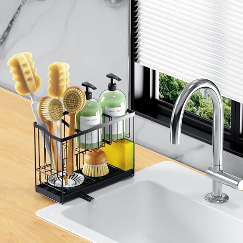 Kitchen Sink Caddy, 2-Tier Self-Draining Sponge & Dish Brush Holder, Rustproof 304 Stainless Steel Space-Saving Organizer with Drying Tray, Black