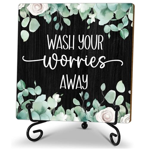 5" Laundry Room Decor, Wash Your Worries Away Sign, Sage Green Bathroom, Black Bathroom Guest Bathroom Decoration, Funny Toilet Bathroom Plaque Sign Table Shelf Decor-A03 - color: Wash Your Worries-03