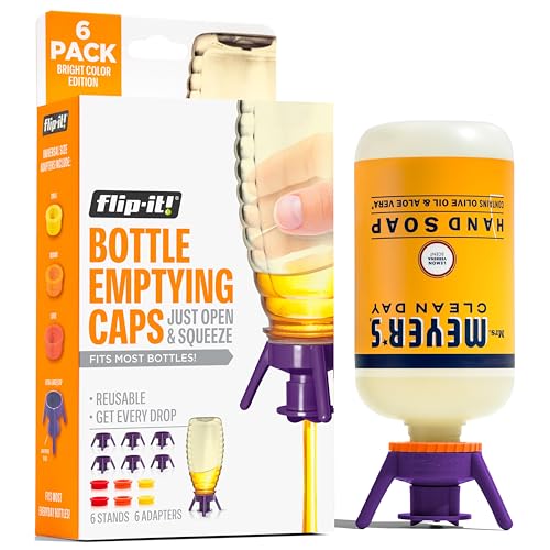 Flip-It! Bottle Emptying Kit – 6 Bottle Pack - No more wasted product - Fits most plastic bottles – 6 Base Caps, 6 Adapters – Bright Color Edition - color: Bright, size: 6-Pack