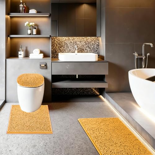 Bathroom Rugs Sets 3 Piece with Adjustable Toilet Seat Cover 19.5"x 18.5" Machine Washable Bath Rug Set with TPR Non Slip Rubber Backing Solid Bath Mat Set for Luxury Bathroom Decoration - color: Yellow