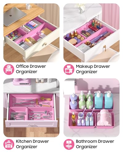 10 Pack Large Size Plastic Drawer Organizers Set, 3 Sizes Desk Drawer Organizer Trays, Storage Bins for Vanity, Makeup, Bathroom, Kitchen Utensils and Office (Pink) - color: Pink