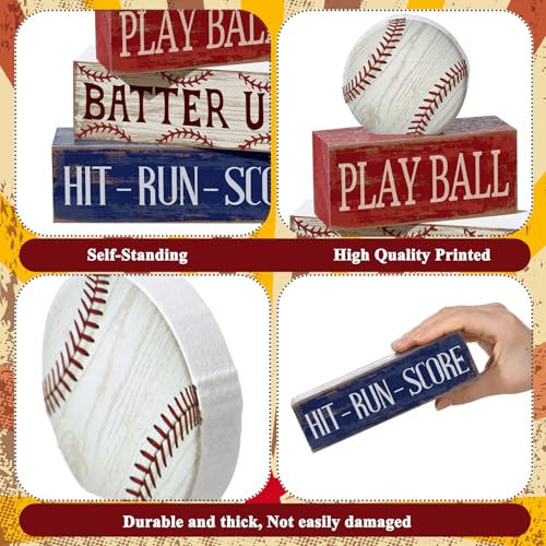 Yuntau 4 Pcs Baseball Decorations Sport Stacked Wooden Sign Baseball Centerpieces for Tables Tiered Tray Decor Decorative Block Sign for Summer Nights Boys Room Shelf Fans Coffee Gifts - style: Baseball