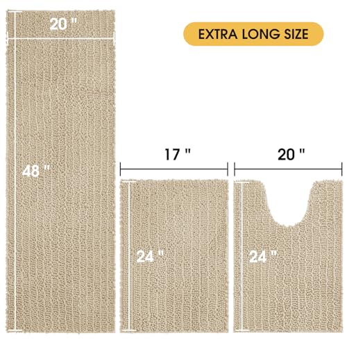 ACCUMTEK Upgrade Extra Large Beige Bathroom Rug Set 3 Pieces Ultra Soft, Thick Absorbent Bath Mats, Non Slip Chenille Toilet Mat for Bathroom, Bedroom, Kitchen - color: Beige, size: 48"x20"+24"x17"+U Shape24"x20"