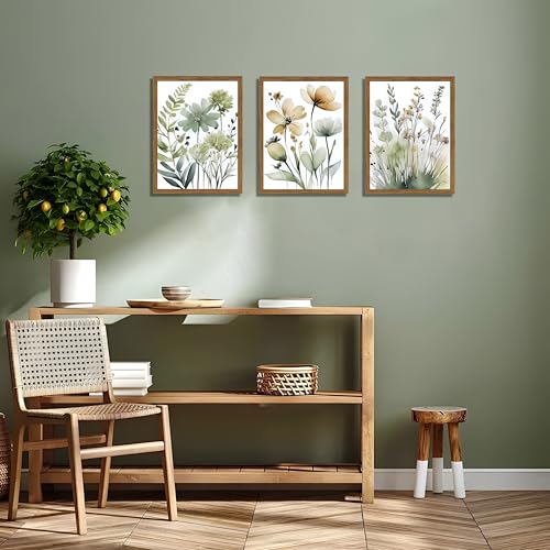 Wood Framed Sage Green Botanical Wall Art Set of 3, Boho Floral Canvas Wall Decor Paintings, Minimalist Flower Posters Prints Pictures for Bedroom Bathroom Living Room Home Decor 16x24 Inch - color: Sage Green, size: 24"L x 16"W