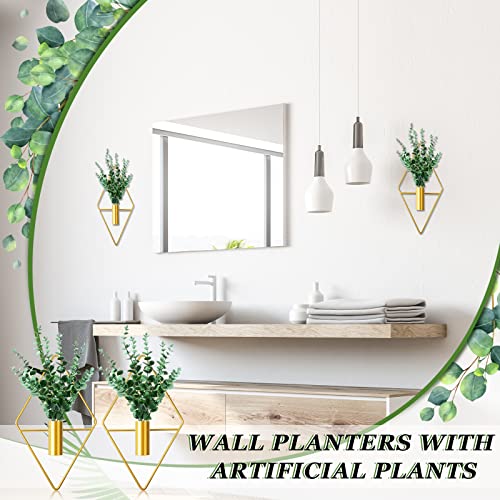 Canlierr 2 Pieces Gold Wall Decor Hanging Planters with Artificial Plants Metal Vase Indoor Plants Holder Modern Geometric Wall Art for Home Bathroom Bedroom Living Room Office(Eucalyptus,Medium) - color: Gold, size: Eucalyptus