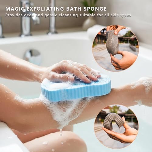 Magic Exfoliating Bath Sponge & Scalp Massager Set (2 Sponges, 1 Scrubber), Body Scrubber & Silicone Scalp Brush for Deep Cleansing, Dandruff Care & Relaxation