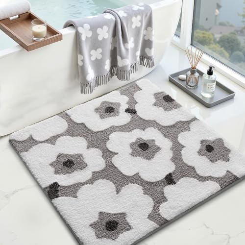 LUMI Floral Bath Mat, Soft Absorbent Square Bath Rug, Non-Slip Quick Dry Luxury Rug, Machine Washable Rugs for Bathroom Floor, Bathtub, Living Room, Home Decor, White Grey, 26"x26" - color: A-flower White, size: 26"x26"(Square)