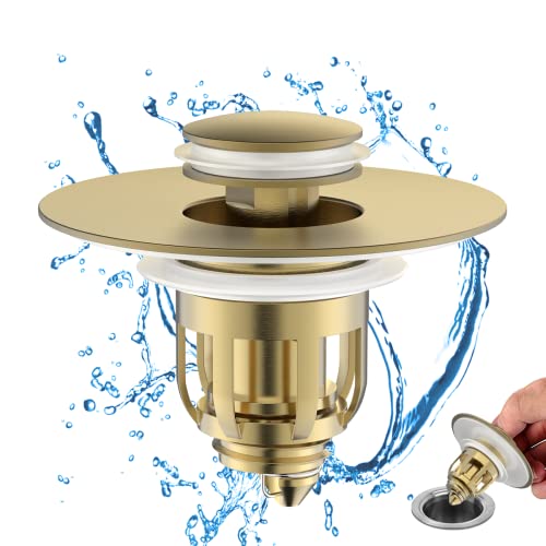 MUAIOLAUS Universal Bathroom Sink Stopper, Pop Up Sink Stopper with Basket Hair Catcher, Anti Clogging Sink Drain Filter for 1.06"-1.65" Drain Holes - color: Gold