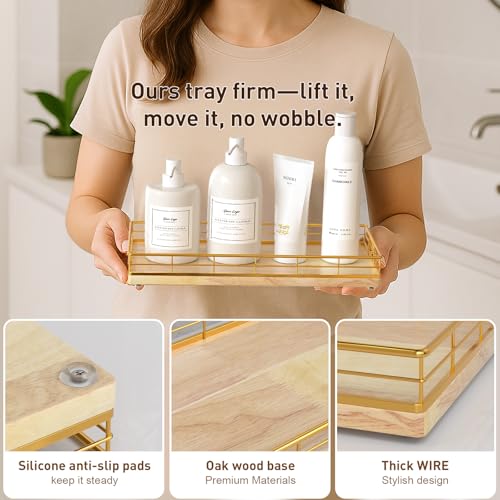 Toilet Paper Basket Organizer, Oak Wood Toilet Tank Tray with Metal Frame | Bathroom Counter Top Storage for Toilet Paper, Wipes & Decor, Modern Narrow Back of Tank Shelf Organizer, Gold & Natural Oak - color: Gold & Oak, size: 13" x 6.5" x 2"