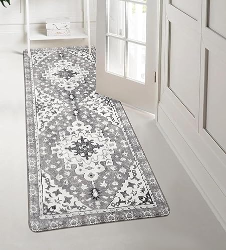 Uphome Boho Vintage Bathroom Runner Rug Gray Non-Slip Soft Bedroom Rug Machine Washable Oriental Hallway Rug Traditional Tribal Floral Floor Mats for Kitchen Kids Room Entryway, 24x59 inch - color: Grey, size: 24x59 inch