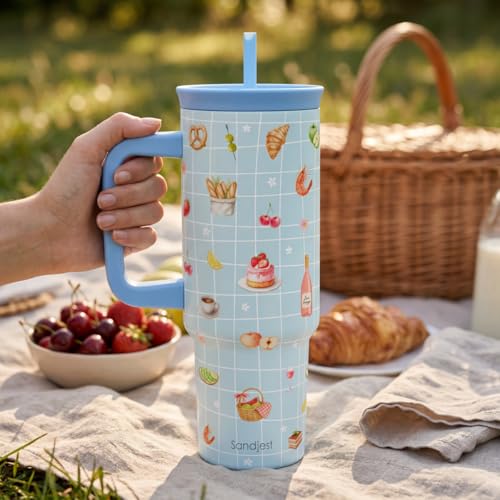 SANDJEST Picnic Stainless Steel Locking Lid Silicone Straw Tumbler with Handle 40oz, Insulated Stainless Steel Travel Cup for Women Girl Friends, Gift Idea for Birthday Christmas - color: Picnic