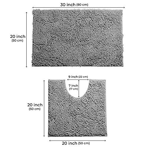 LuxUrux Soft Chenille Area Rug Set, 2 Piece Sets, U-Shape Contoured Toilet Base Mat & 31x20 Mat, Absorbent Washable Mats, Microfiber Dries Quickly, Bath Rugs for Tub, Light Grey. - color: Light Grey, size: 2 Piece Set
