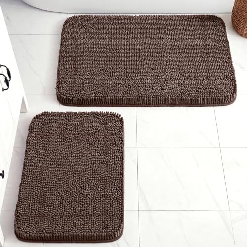HUXMEYSON Bathroom Rugs Set 2 Piece, Ultra Absorbent Chenille Non Slip Bathroom Mat Set - 17'' x 24'' Plush Bathroom Rug & 20'' x 32'' Extra Soft Bath Mat - Machine Washable, Brown - color: Brown, size: 24" x 17" + 32" x 20"