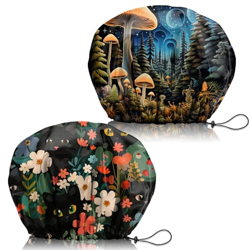2 PCS Shower Cap Adjustable Reusable Double Waterproof Layer Elastic Hair Bath Cap Cute Aesthetic for Women Girls-Mushrooms Cat - color: I23-Mushroom Cat