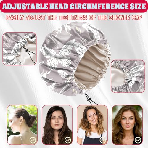 Luxury Shower Cap Satin Lined Reusable Waterproof Double Layer Elastic Adjustable Hair Bath Cap Cute Aesthetic Women Girls-White Butterfly - color: F15-White Butterfly