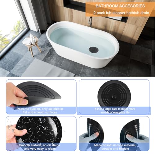 V-TOP Bathtub Drain Stopper 2 Pack, 5 inches Silicone Tub Stopper Shower Drain Cover, Bath Tub Plug Hair Stopper,Universal Flat Suction Renter Friendly Bath Accessories - color: 5" Black