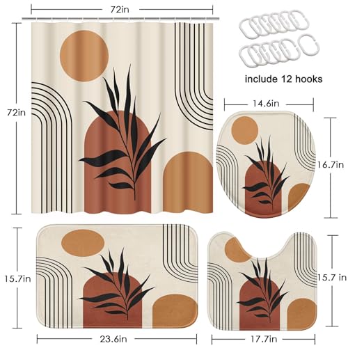 ArtSocket Boho Bathroom Set with Shower Curtain and Rugs Accessories, Mid Century Sun Brown Leaves Modern Shower Curtain for Bathroom Decor 4 Pcs - color: Mid Century 2