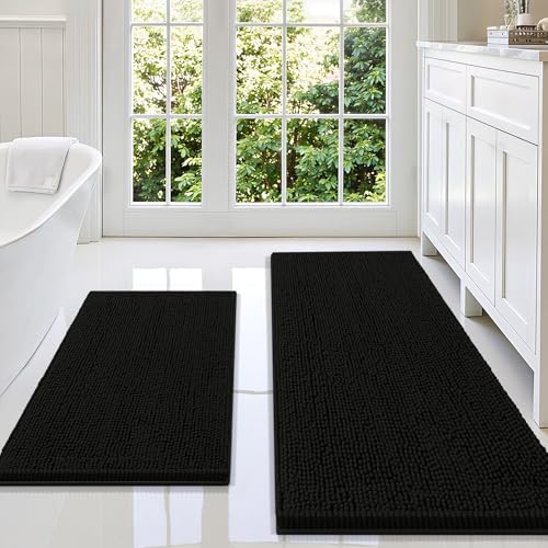 Smiry Bathroom Rugs Sets 2 Piece, Soft Absorbent Chenille Machine Washable Non Slip Shaggy Bath Rug Set for Tub, Shower, and Floor (59x20+30x20, Black) - color: Black, size: 59"x20"+30"x20"