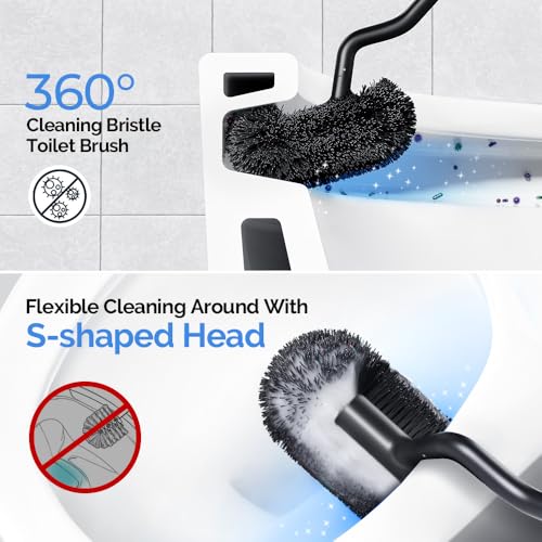 HAMITOR Toilet Brush and Holder Set: Stainless Steel Heavy Duty Bowl Cleaner Brush - Deep Cleaning Under Rim Curved Bristle - Space Saving Wall-Mounted for Home RV Bathroom Accessories Black 1 Pack - color: Black