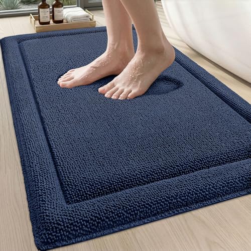DEXI Memory Foam Bath Mat 32x20, Soft Absorbent Chenille Bathroom Rug, Non Slip Quick Dry Bath Mats for Bathroom, Thick Plush Floor Carpet for Tub Shower, Sink, Navy - color: Navy, size: 32" X 20" (Rectangular)