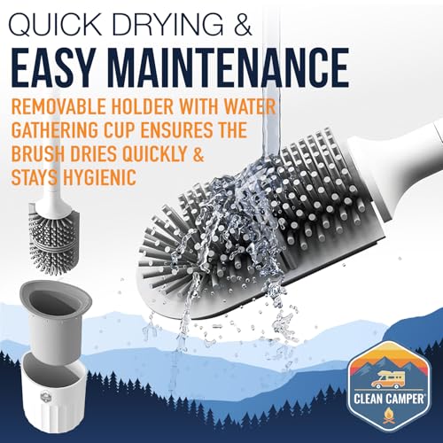 RV Toilet Brush by Clean Camper – Wall-Mounted Set, Silicone, Scratch-Free Dual-Sided Head, Quick-Drying Holder, Compact & Durable Set with Strong Adhesive Mount for RV & Camper Toilets