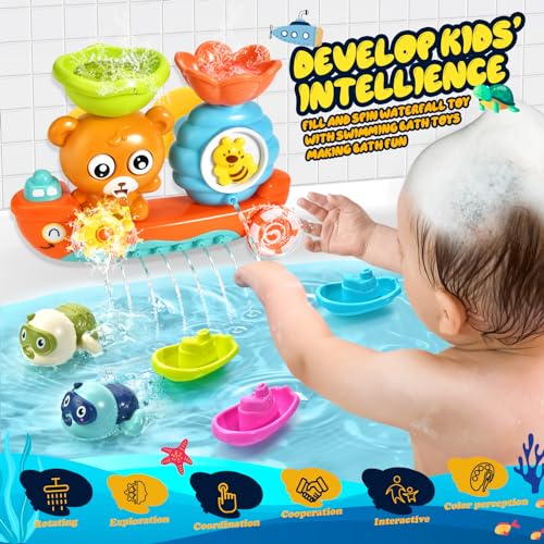 Baby Bath Toys Toddlers 1-3 Bear Kids Bath Tub Toys with 2 Turtle Swimming Wind up Water Toys & 3 Floating Boat Bathtub Toys for Infants Boys Girls 18+ Months Gifts Box Set - style: Turtles and bear