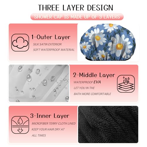 Luxury Shower Cap Terry Cloth Lined EVA Waterproof Reusable Triple Layer Elastic Hair Bath Caps for Women Girls Cute (C19-Chrysanthemum) - color: C19-Chrysanthemum